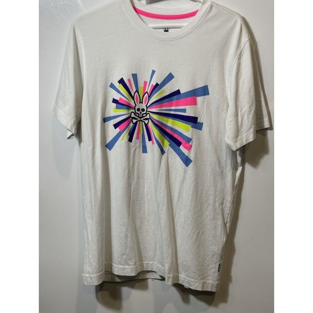 Psycho Bunny White Tee with Neon Burst Bunny Skull